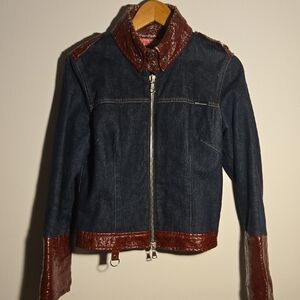 Dolce & Gabana Denim and Burgundy Crackle Patent Leather Women's Jacket SIZE M